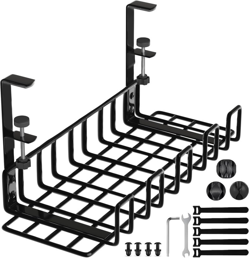 WTADAY Under Desk Cable Management Tray, 16” No Drill Cord Organizer with Clamps for Wire Management, 4mm Sturdy Wire Desk Cable Organizer Tray, Cable Management Rack for Office - Image 1